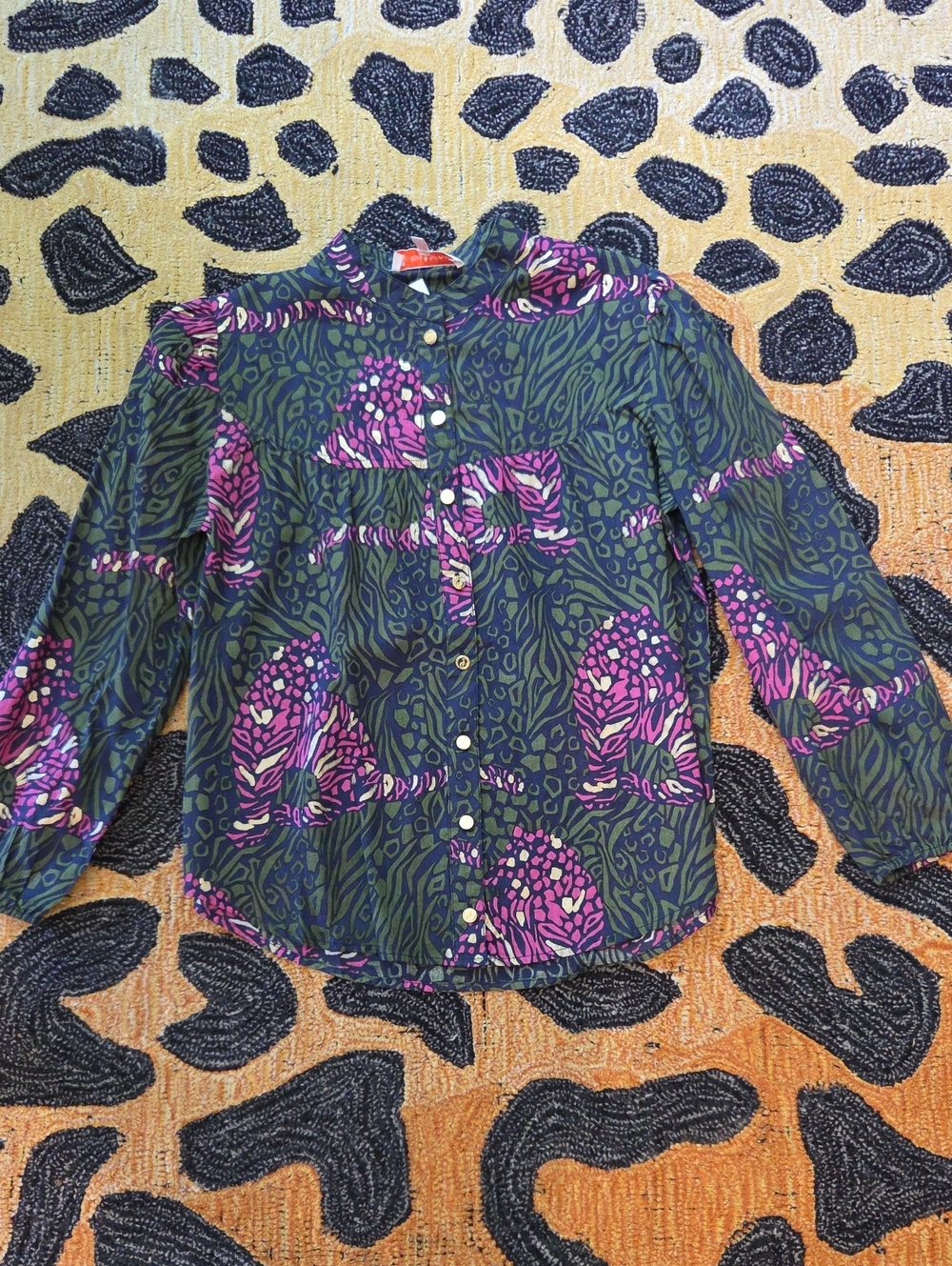Jude Connally Green Button-Front Blouse with Purple Floral Print